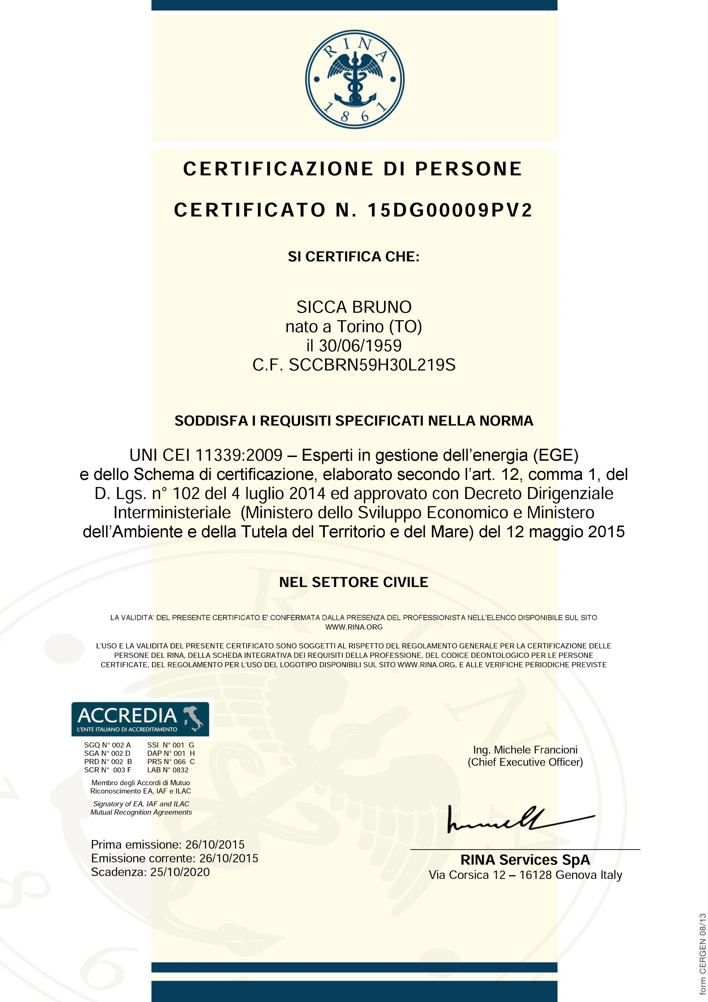 Certificato EGE Sicca Bruno